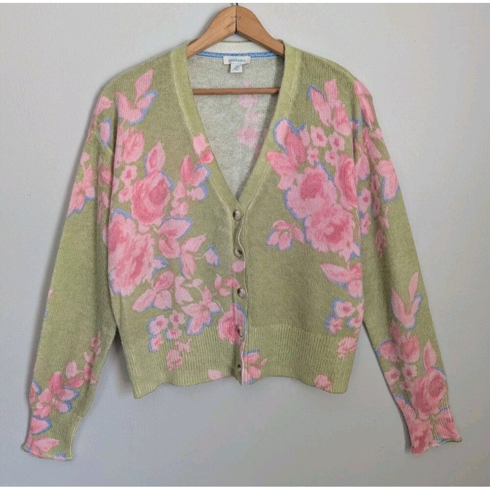 Sundance Wool Blend Cardigan Sweater Pink Green Floral M Boho Feminine Cottage
